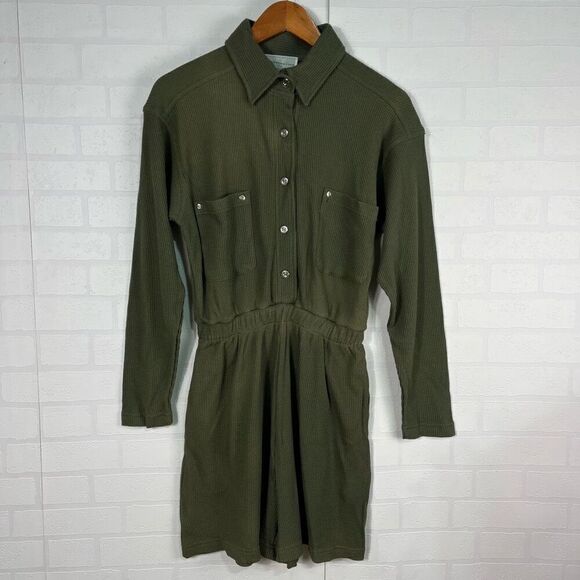 Morning side Womens Waffle Knit Romper Size Small Army Green Vintage Cotton Long - Picture 2 of 15